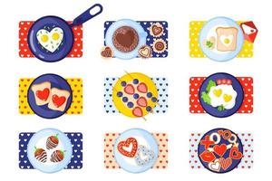 Valentijnsdag ontbijtset toast, roerei, omelet, peperkoek, snoep, koffie, donuts, aardbeien. vector