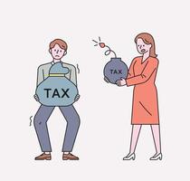 een man houdt een grote belastingtas vast. een vrouw houdt een belastingbom in haar hand. platte ontwerpstijl minimale vectorillustratie. vector