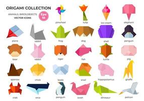 verzameling van divers origami dieren, vogels, vis en voorwerpen met levendig helling kleuren. vector illustratie. geïsoleerd origami pictogrammen.