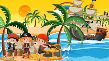 Treasure Island-scène in zonsondergangtijd met piratenkinderen vector