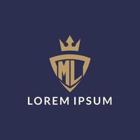 ml logo met schild en kroon, monogram eerste logo stijl vector