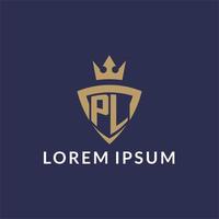 pl logo met schild en kroon, monogram eerste logo stijl vector