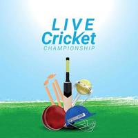 live cricket toernooiwedstrijd met creatieve cricketapparatuur op creatieve achtergrond vector