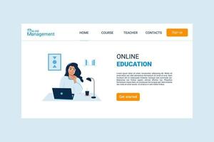 online onderwijs vector landen bladzijde sjabloon met titel. online onderwijs Startpagina ontwerp met een vrouw in vlak stijl.
