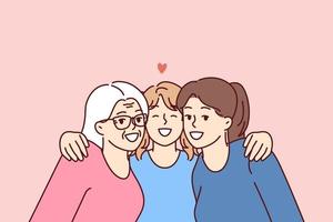 familie portret van drie vrouw generaties met tiener- meisje liefdevol knuffelen moeder en grootmoeder. gelukkig Dames van verschillend generaties besteden tijd samen genieten van familie vakantie vector