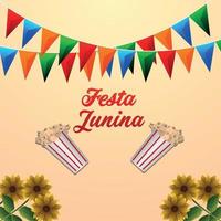 festa junina braziliaans evenement met popcornemmer en kleurrijke feestvlag vector