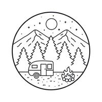 camping Aan de natuur in mono lijn kunst voor t overhemd lap insigne ontwerp vector