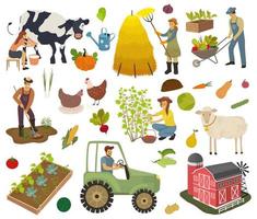 boeren Doen agrarisch werk, planten, bijeenkomst gewassen. vrouw melk een koe en plukken bessen. agrarisch arbeiders. boerderij dieren, fruit en groenten geïsoleerd vector illustratie.