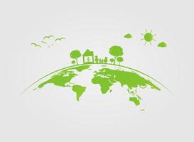 ecologie, boom op aarde steden helpen de wereld met milieuvriendelijke conceptideeën. vector illustratie