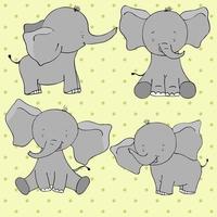 set van vier schattige cartoon olifanten geïsoleerd op gele achtergrond. vector