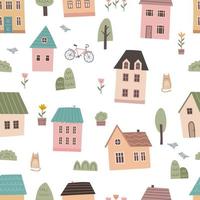 naadloos patroon met stad ontwerp elementen Aan wit achtergrond. klein schattig huizen, bomen, katten, cafe, fiets vector illustratie. vlak ontwerp. hand- trek stijl