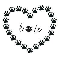 hart van poten. sporen van honden of katten. vector silhouet van een hart en de opschrift liefde. de concept van liefde voor dieren