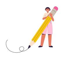 leerling karakter Holding groot potlood vector illustratie
