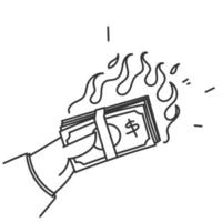 hand- getrokken tekening hand- Holding brandend geld symbool voor inflatie illustratie vector