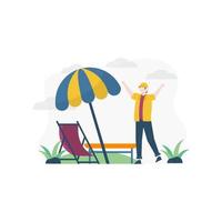 zomervakantie mensen gaan naar het strand om te zonnebaden en te feesten vectorillustratie, geschikt voor bestemmingspagina, ui, website, mobiele app, redactioneel, poster, flyer, artikel en banner vector