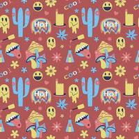 naadloos patroon met y2k stijl elementen. zuur levendig neon kleuren. helder jeugd patroon met 70 s symbolen. cactus, psychoholisch paddestoelen, hennep blad. vector illustratie Aan rood achtergrond.