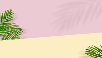 Product Scherm podium met kokosnoot palm bladeren en schaduw Aan geel en roze muur achtergrond.vector banier web ontwerp van leeg studio kamer presentatie voor kunstmatig, huidverzorging, schoonheid Aan lente zomer vector