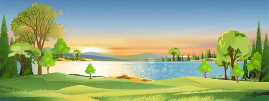 natuur voorjaar landschap met groen veld- met wolk, blauw hemel, vector horizon natuurlijk landelijk platteland door de meer met Woud boom, bergen in zonnig dag, tekenfilm vector voor lente zomer banier
