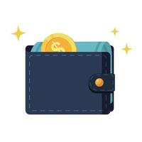 blauw portemonnee met papier geld en munt. bankbiljetten vlak ontwerp geïsoleerd, icoon vector illustratie.