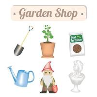 tuinwinkel objecten met schop, boom, plantenmest, gieter, kabouter en tuin decoratief beeld vector