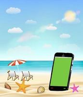 smartphone leeg scherm op een zee zandstrand met schelp, zeesterren en strandstoel vector