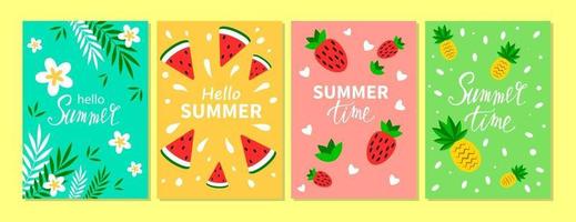 vector set heldere zomerkaarten. mooie zomerse posters met ananas, aardbei, watermeloen, palmbladeren en handgeschreven tekst. zomervakantie kaarten