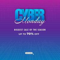 cyber maandag grootste uitverkoop van de seizoen tekst met korting aanbod Aan magenta en blauw helling achtergrond. vector