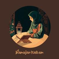 Ramadan kareem concept met moslim jong vrouw karakter lezing koran boek, verlichte Arabisch lamp Aan bruin achtergrond. vector