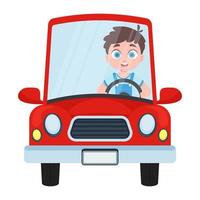 schattig kind het rijden een rood auto. vector illustratie