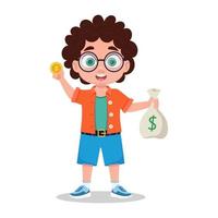 jongen investeerder met een munt in zijn hand- en een zak van geld vector