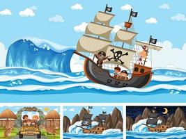 set van verschillende scènes met piratenschip op zee en dieren in de dierentuin vector