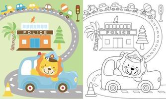 vector tekenfilm van verkeer elementen, schattig leeuw Aan auto, Politie station. kleur boek of bladzijde