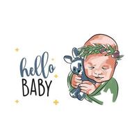 modieus ansichtkaart, Hallo baby, hand- belettering, baby meisje met een krans Aan haar hoofd en een blauw speelgoed- vector