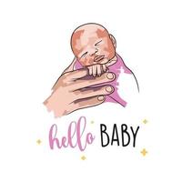 mans hand- Holding een pasgeboren, ansichtkaart met pastel slagen, Hallo baby, in tekening stijl vector