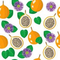 vector cartoon naadloze patroon met zoete granadilla exotisch fruit, bloemen en bladeren op witte achtergrond