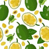 vector cartoon naadloze patroon met jackfruit exotisch fruit, bloemen en bladeren op witte achtergrond