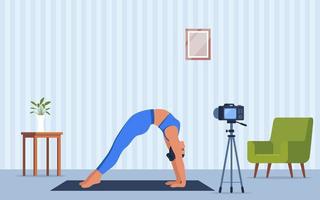 vrouw karakter aan het doen yoga opdrachten Bij huis opname video met camera Aan statief. sociaal netwerk bloggen, gezond levensstijl concept. sport stremming. vector illustratie.