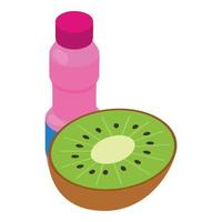 kiwi yoghurt icoon isometrische vector. vers rijp kiwi voor de helft en Gesloten yoghurt fles vector