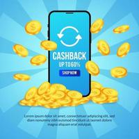 cashback-promotie voor e-commerce-site met 3D-telefoon en dollar gouden munt illustratie concept voor banner flyer poster vector