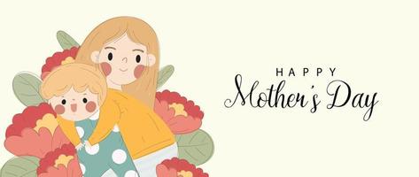 gelukkig moeder dag achtergrond vector. schattig familie behang ontwerp met mam knuffelen kind, bloemen. moeder dag concept illustratie ontwerp voor omslag, banier, groet kaart, decoratie. vector