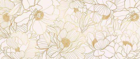 luxe goud pioen bloem lijn kunst achtergrond vector. natuurlijk botanisch elegant bloem met goud lijn kunst. ontwerp illustratie voor decoratie, muur decor, behang, omslag, banier, poster, kaart. vector