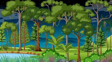 boslandschapsscène 's nachts met veel verschillende bomen vector