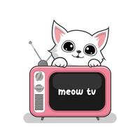 kat en oud TV - schattig wit kutje kat spelen televisie vector