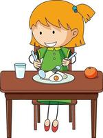 een meisje aan het ontbijten doodle stripfiguur geïsoleerd