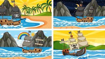 set van oceaan met piratenschip op verschillende tijdstippen scènes in cartoon-stijl vector