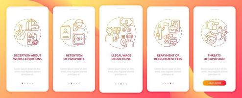 schendingen van de rechten van migrerende werknemers, misbruik van rood onboarding mobiele app-paginascherm met concepten vector