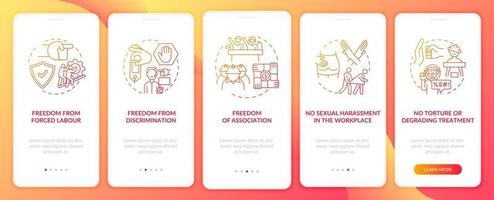 arbeidsmigranten geven vrij rood onboarding mobiele app-paginascherm met concepten vector