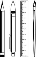 zwart lijn kunst stijl schrijfbehoeften reeks van pen potlood heerser en borstel geïsoleerd Aan wit achtergrond vector
