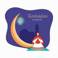 Islamitisch heilig maand van Ramadan kareem met halve maan gouden maan, hangende verlichte lantaarn met moslim jong vrouw aanbieden namaz en moskee silhouet Aan Purper en wit achtergrond. vector