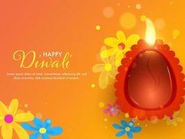 gelukkig diwali viering poster ontwerp met top visie van verlichte olie lamp en bloemen versierd Aan oranje achtergrond. vector